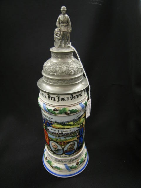 German Regimental Lithopane Porcelain Stein, 13th : 13th Infantry, 1910-1912, figural pewter lid, 12 1/4" tall, 1/2 liter, excellent.