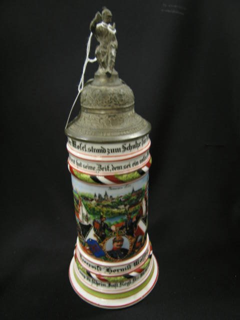German Regimental Lithopane Porcelain Stein, 8 com: 8 company 10 Infantry, Reservist, 1/2 liter, 12", figural pewter lid, with roster, excellent.