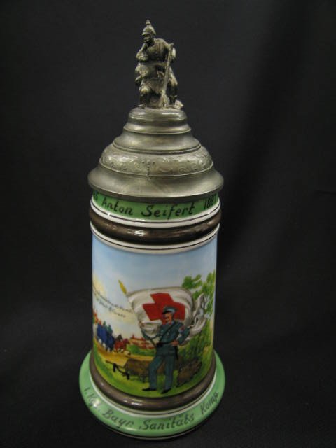 German Regimental Lithopane Porcelain Stein, conte: contemporary issue, 10" tall, 1/2 liter, figural pewter lid, excellent.