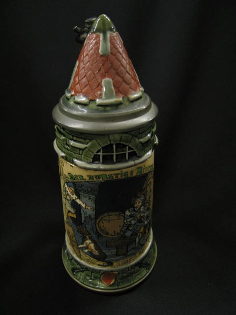 Mettlach German Etched Stein, lady looking out win: lady looking out window, inlay conical pottery lid, scene with knights, 9 1/2" tall, excellent.