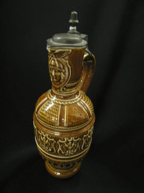 KPM Royal Berlin Porcelain Tankard, raised crest: raised crest decor, figural spout, pewter lid, 10 3/4", excellent.