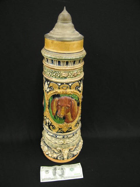 Huge German Pottery Stein, dog & game designs, pew: dog & game designs, pewter lid, 21" tall, bas-relief.