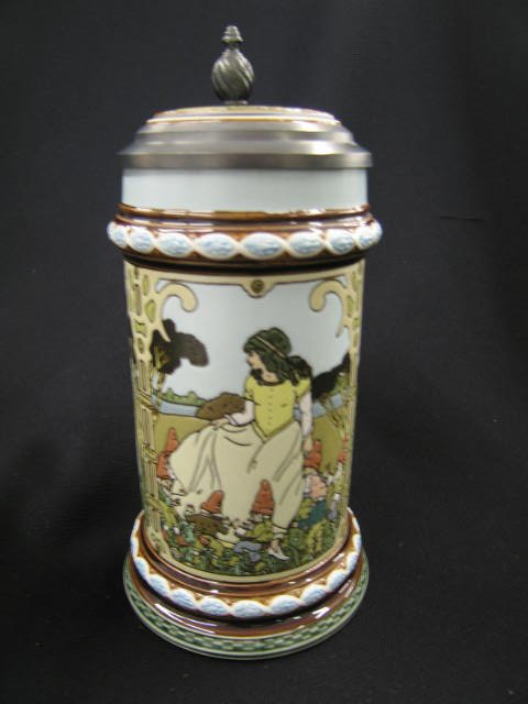 Mettlach German Etched Pottery Stein, special issu: special issue, "The Brothers Grimm", #2901, inlaid pewter lid, 8 3/4", excellent.