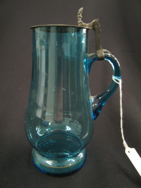 Victorian Blue Art Glass Stein, sapphire blue, pew: sapphire blue, pewter lid, 6 1/2", excellent.