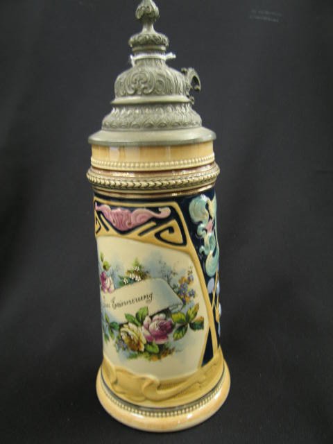German Pottery Stein, fancy pewter lid, Art Nouvea: fancy pewter lid, Art Nouveau style floral, 10 1/2", excellent.