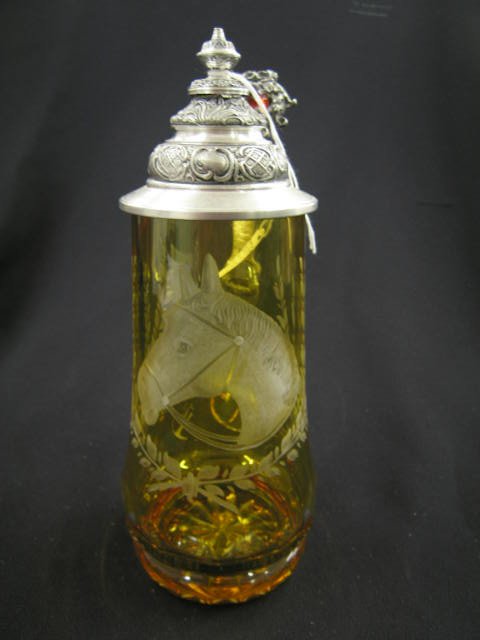 German Etched Art Glass Stein, horsehead decor, pe: horsehead decor, pewter lid with jeweled thumblift, 9" tall, excellent, signed and numbered.