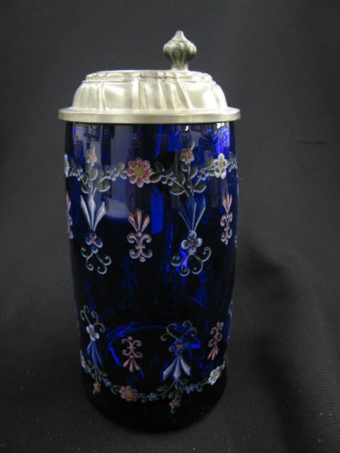 German Art Glass Stein, pewter lid, 1 liter, fancy: pewter lid, 1 liter, fancy floral on rich cobalt, 8 3/4", excellent.