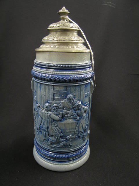 German Salt Glaze Pottery Stein, blue decorated ba: blue decorated bas-relief tavern scene & sayings, 1 liter, pewter lid, excellent.