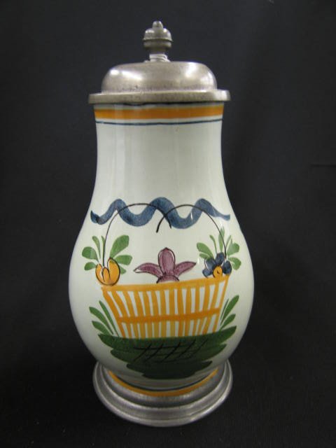 Art Pottery Stein, handpainted floral, pewter lid : handpainted floral, pewter lid & base, 9 3/4", excellent.