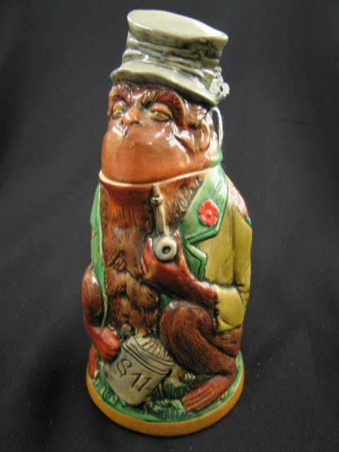German Figural Pottery Character Stein, monkey wit: monkey with pipe & stein, 8 1/2" tall, excellent.