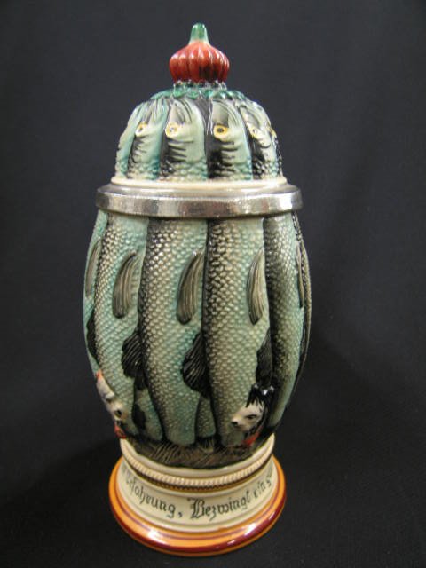 Thewalt German Figural Pottery Character Stein, sa: sardine & cat decor, 9 1/2", excellent, limited edition.
