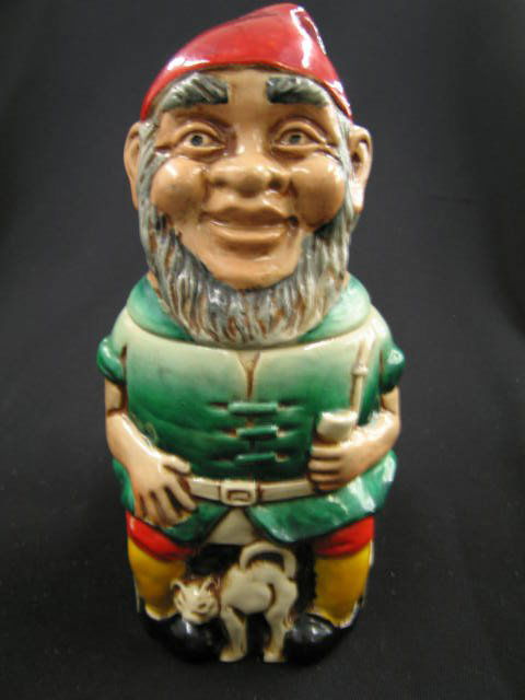 Goebel German Figural Pottery Character Stein, sea: seated gnome, cat at his feet, 8", excellent.