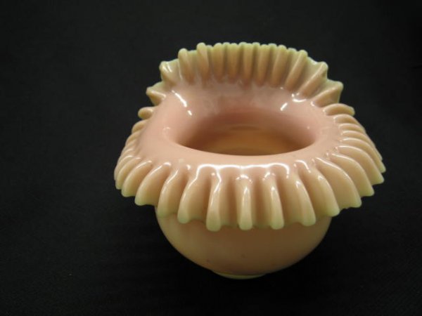 Rare Mt. Washington or Webb Burmese Shade, Jack-in: Jack-in-the-pulpit style, ruffled rim, 5" tall, 4" diameter, glossy.
