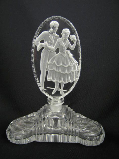 Czechoslovakia Cut Crystal Perfume Bottle,: intaglio stopper with couple, frosted, 7" tall, 6" wide, excellent.