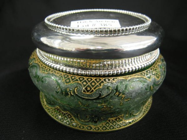 Fine French Cameo Art Glass & Sterling Powder Jar,: Jar, emerald cameo with gold trim attributed to Baccarat or Val St. Lambert, sterling lid with beaded design, 4 1/2" diameter, excellent.