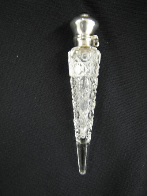 Sterling Silver & Cut Glass Perfume Bottle, jewele: jeweled top, chatelaine style, 5" long.