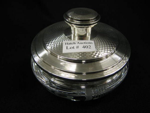 English Sterling Silver & Cut Crystal Powder Jar, : fine engine turned design on lid, mirror inside, 4 1/2" diameter.