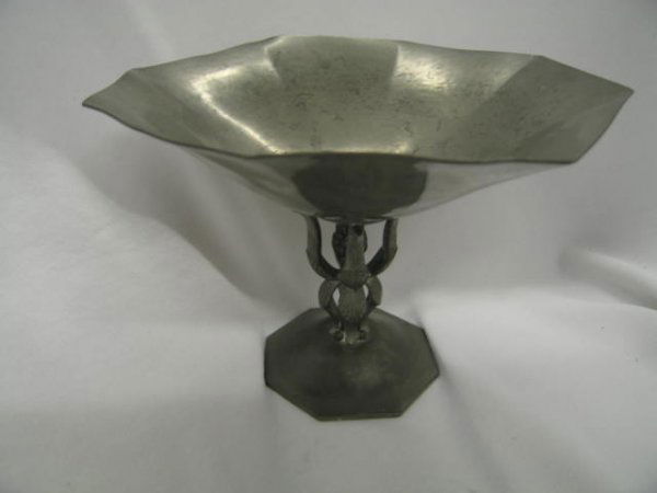 Just Andersen Pewter Compote, famous Danish design: famous Danish designer, 6" tall, hand hammered, ornate pedestal base.