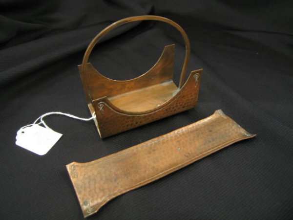 Roycroft Arts & Crafts Copper Pen Tray & letter h: & letter holder, hand hammered.