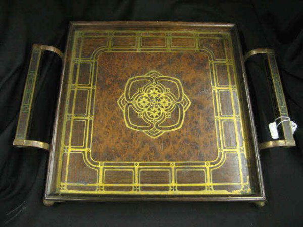 Arts & Crafts Style Serving Tray, fine brass inlai: fine brass inlaid burl, copper footed, handled, 13" square.