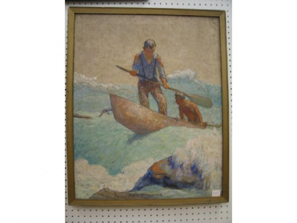 Pitt L. Fitzgerald Oil "Approaching Shore", 1925, : 1925, well listed artist & illustration, in style of N.C. Wyeth, image area 24" x 30".