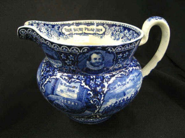 Rowland & Marsellus Historical Pottery Pitcher, "A: "American Pilgrims", blue & white with various scenes, 6 1/2".