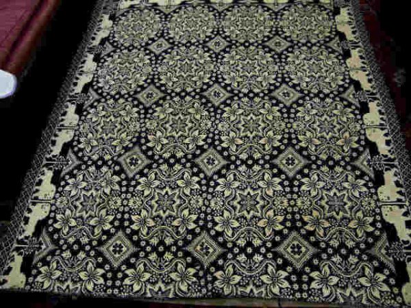 1838 Homespun Coverlet, by Elizabeth Wood, B. Fre: by Elizabeth Wood, B. French weaver in Clinton, floral lionst geometrics, 72" x 80".