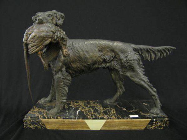 Fine Deco Statue of a Hunting Dog with pheasant, w: with pheasant, white metal on original deco marble & multi-color onyx base, 17" tall, 22" long.