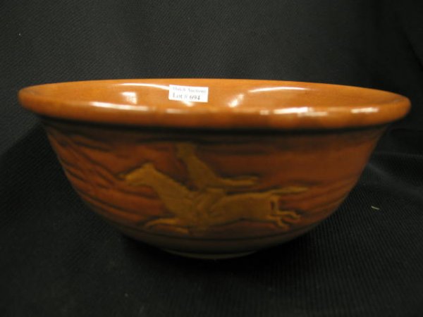 Paul Revere Art Pottery Bowl, "Paul Revere" on hor: "Paul Revere" on horseback, brown glaze, 3" x 7 1/4", excellent condition.