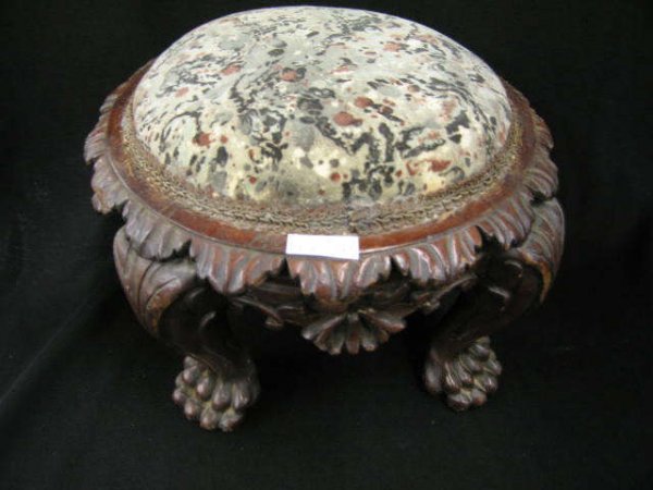 Victorian Carved Mahogany Footstool, large lion pa: large lion paw feet, round top, 12" diameter, 8 1/2" tall.