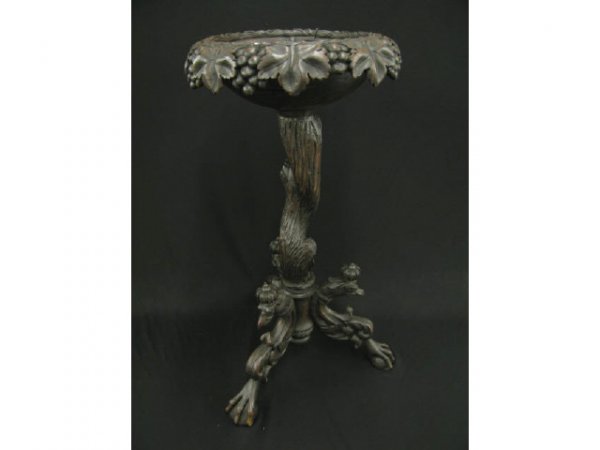 Black Forest Victorian Carved Wooden Plant Stand, : Stand, elaborate grape & vine trim, tri-footed with creature head & crowns, basket style bowl, 31" tall, 16" diameter.