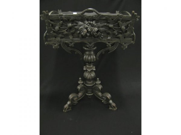 Black Forest Victorian Carved Plant Stand, floral : floral & twig style, tri-footed, 34" tall, rectanglar top is 18" x 24".