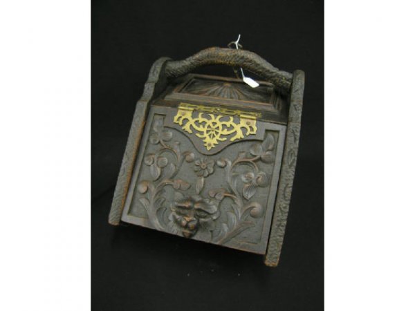 Black Forest Style Victorian Carved Wooden Coal Ho: Coal Hod, with liner, twig style handle, lion head decor, 14" x 19".