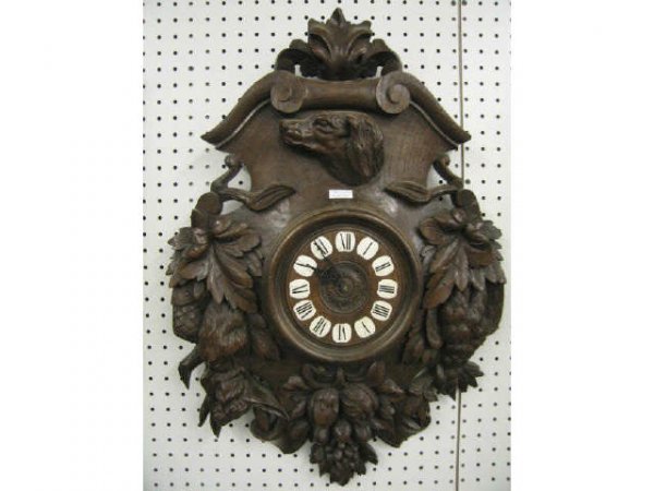 Black Forest Victorian Carved Wooden Wall Clock, h: hunting dog & game decor, 20" x 28", working.