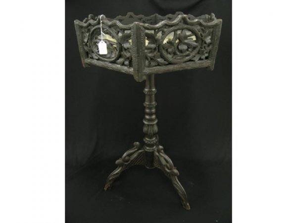 Black Forest Victorian Carved Wooden Plant Stand, : Stand, hexagon shape top with tin liner, tri-footed base, 38" tall, 20" diameter, scarce form, fox & foilage decor.