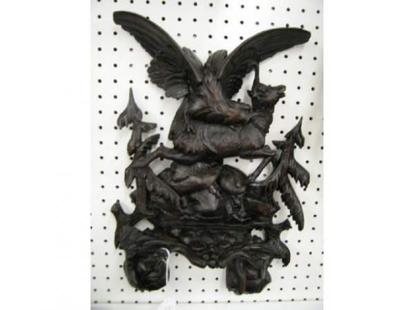 Black Forest Victorian Wooden Wall Shelf, hawk on : hawk on deer, deeply carved, swing down shelf, 13" x 18".