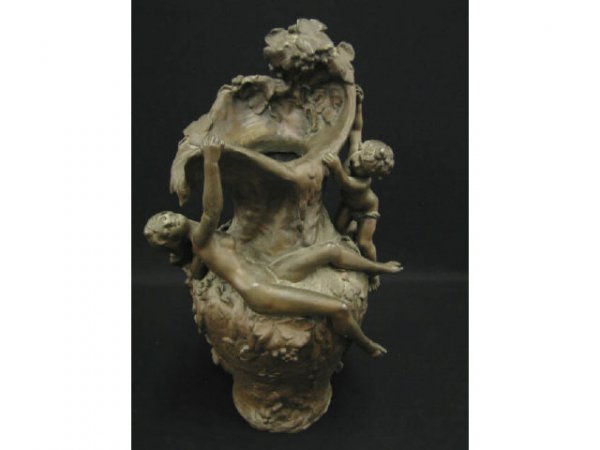 Victorian Art Nouveau Figural Bronzed Vase by Alph: by Alphonso Moreau, nude woman & child, grape & vine trim, 20" tall, scarce, dated 1901.