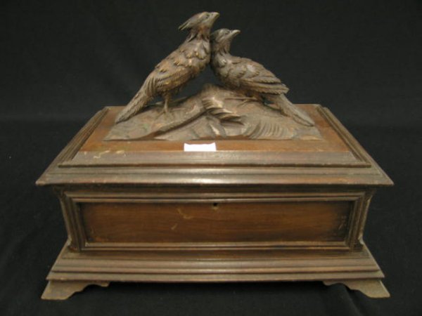 Black Forest Victorian Carved Wooden Jewelry Box, : hinged lid with pheasants, 10" x 12".