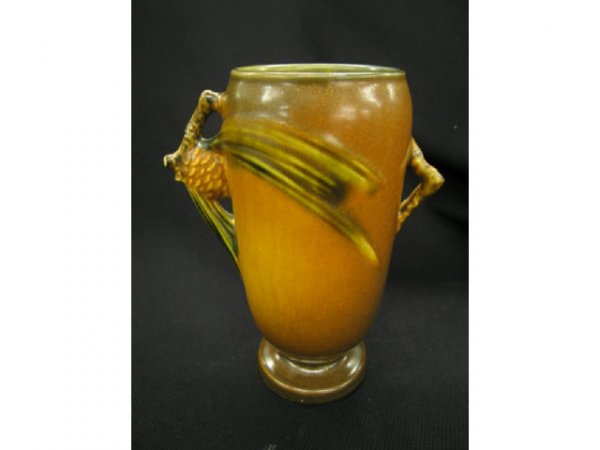 Roseville Pinecone Art Pottery Vase, handled, brow: handled, brown, #748-6", excellent.