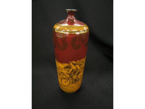 Scarce Victorian Porcelain Vase with bicycle rider: with bicycle riders, 8 1/2" tall, possibly Royal Bonn, numbered.