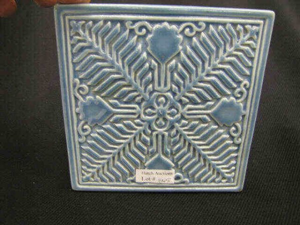 Rookwood Art Pottery Tile, blue glaze, carved leaf: blue glaze, carved leaf pattern, stamped Zonta International, Cincinnati, June 1954, 5 3/4" square, excellent condition.