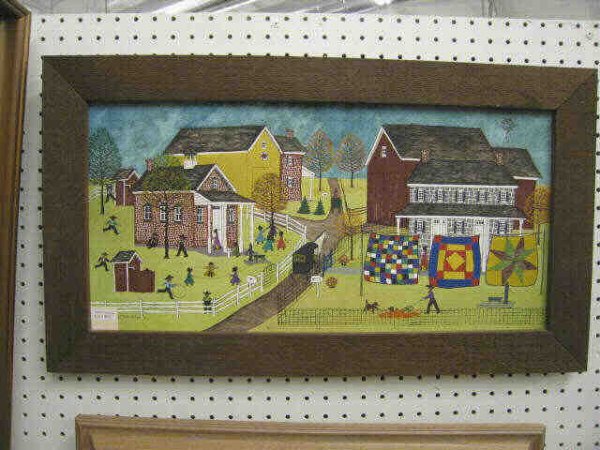 Dolores Hackenberger Oil on Canvas, "Amish Land", : "Amish Land", Lancaster, PA artist, Grandma Moses style, image area 12" x 24".