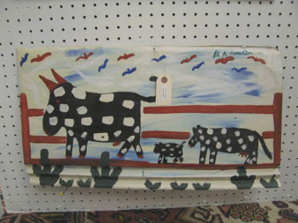 R.A. Miller Folk Art Painting of Cows, on roof tin: on roof tin, 13" x 25", artist lived in Rabbit Town, GA. (1912 - 2006)