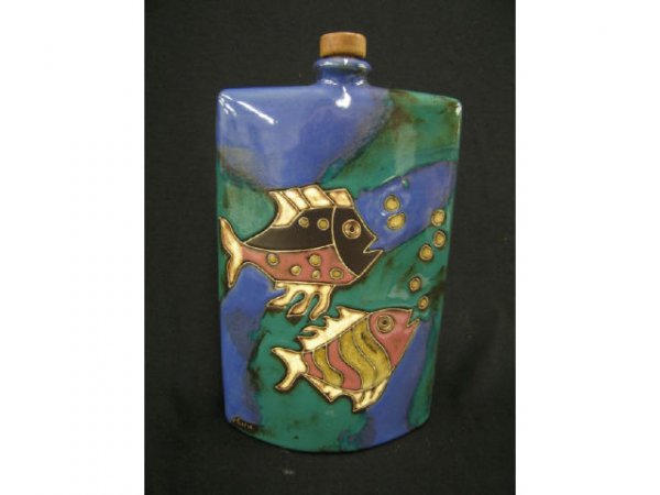 Mexican Art Pottery Flask, aquatic scene, Art Mod: aquatic scene, Art Moderne, artist signed, #88 of 500, 11" tall, excellent.