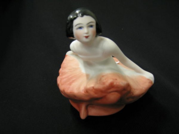 Fulper Art Deco Figural Pottery Lady, orange dre: orange dress, 5" tall, excellent.