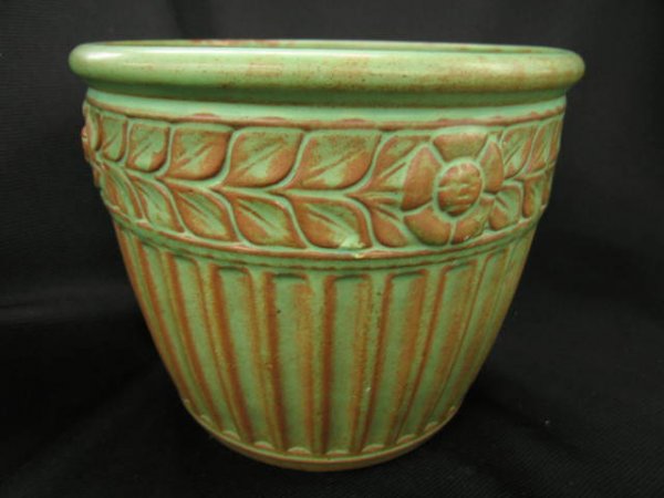 Weller Art Pottery Jardiniere, green & brown, 7" : green & brown, 7" tall, 9" diameter, excellent, 1940.