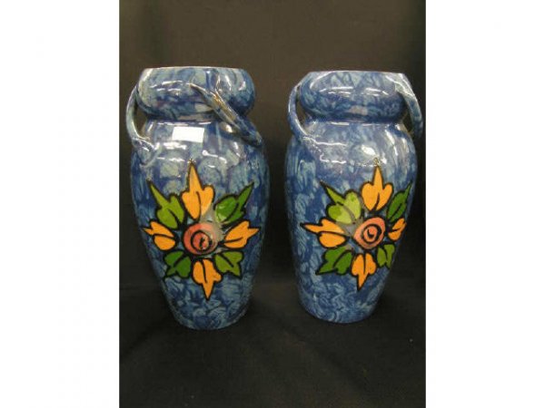 Pair of Royal Torquay Art Pottery Vases, Art Nouve: Art Nouveau style handles, floral decor on mottled blue, 12" tall.