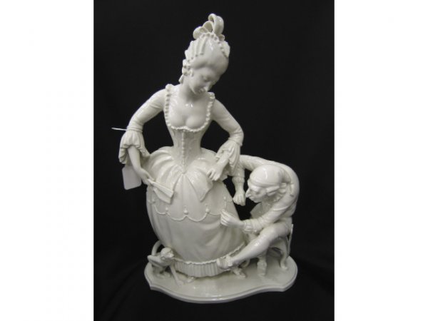 Fine German Porcelain Figurine of Lady with dress: with dressmaker, monkey at her feet, signed, blanc-de-chene style glaze, 16", excellent.