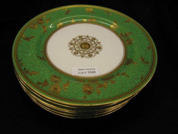 Minton Tiffany Porcelain Plates, raised gold deco: raised gold decoration, green border, set of 8, 9".
