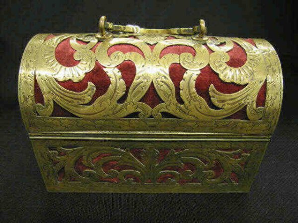 Fresh Victorian Bronze Perfume Casket, trunk form: trunk form with trio of crystal bottles inside, gold decorated, velvet lined, locking, top swing handle, 3" x 5 1/2", 4" tall.